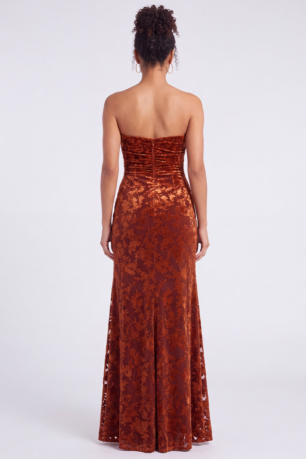Strapless Mermaid Blue Floral Velvet Ruched Long Holiday Party Dress with Slit