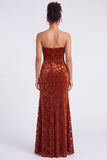 Strapless Mermaid Blue Floral Velvet Ruched Long Holiday Party Dress with Slit