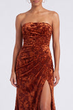 Strapless Mermaid Blue Floral Velvet Ruched Long Holiday Party Dress with Slit