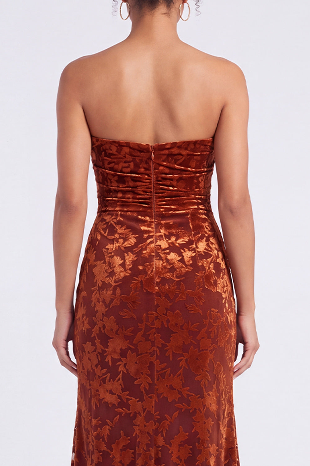 Strapless Mermaid Blue Floral Velvet Ruched Long Holiday Party Dress with Slit