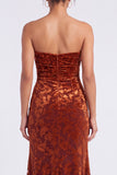 Strapless Mermaid Blue Floral Velvet Ruched Long Holiday Party Dress with Slit