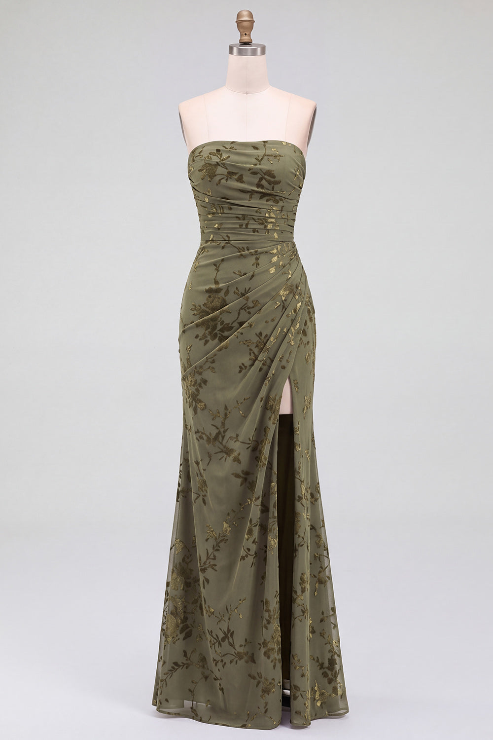 Strapless Mermaid Blue Floral Velvet Ruched Long Holiday Party Dress with Slit