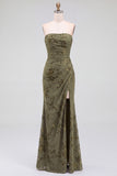 Strapless Mermaid Blue Floral Velvet Ruched Long Holiday Party Dress with Slit