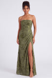 Strapless Mermaid Blue Floral Velvet Ruched Long Holiday Party Dress with Slit