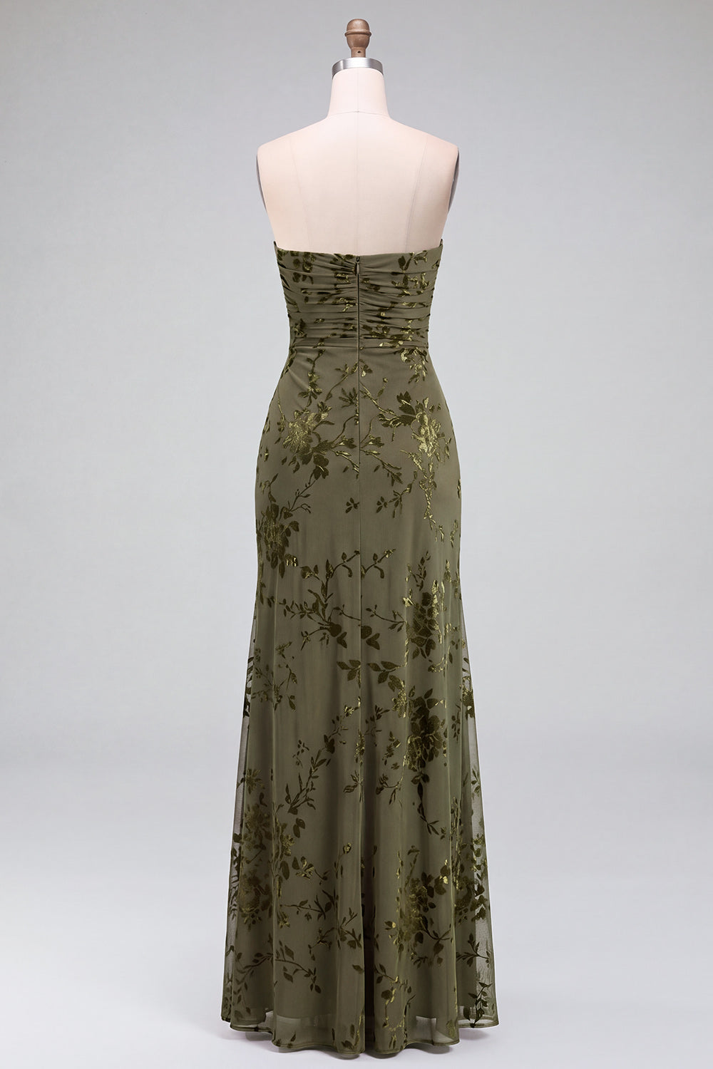 Strapless Mermaid Blue Floral Velvet Ruched Long Holiday Party Dress with Slit
