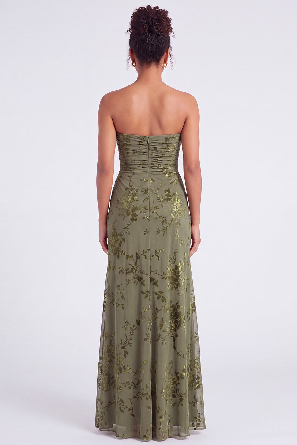 Strapless Mermaid Blue Floral Velvet Ruched Long Holiday Party Dress with Slit