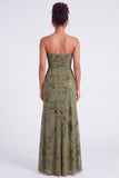 Strapless Mermaid Blue Floral Velvet Ruched Long Holiday Party Dress with Slit