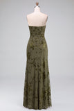 Strapless Mermaid Blue Floral Velvet Ruched Long Holiday Party Dress with Slit