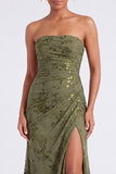 Strapless Mermaid Blue Floral Velvet Ruched Long Holiday Party Dress with Slit