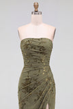 Strapless Mermaid Blue Floral Velvet Ruched Long Holiday Party Dress with Slit