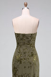 Strapless Mermaid Blue Floral Velvet Ruched Long Holiday Party Dress with Slit