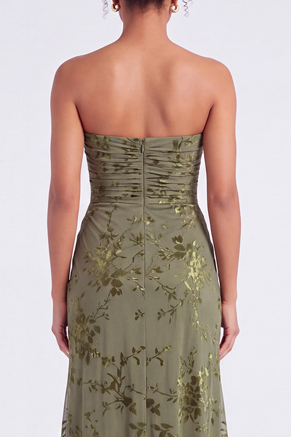 Strapless Mermaid Blue Floral Velvet Ruched Long Holiday Party Dress with Slit