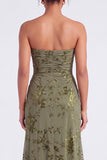Strapless Mermaid Blue Floral Velvet Ruched Long Holiday Party Dress with Slit