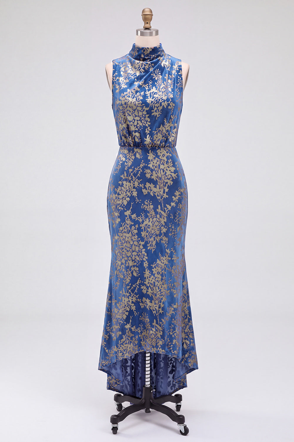 Dark Blue Floral Velvet Mermaid High Neck High-Low Holiday Party Dress
