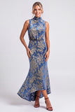 Dark Blue Floral Velvet Mermaid High Neck High-Low Holiday Party Dress
