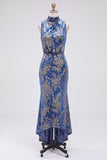 Dark Blue Floral Velvet Mermaid High Neck High-Low Holiday Party Dress