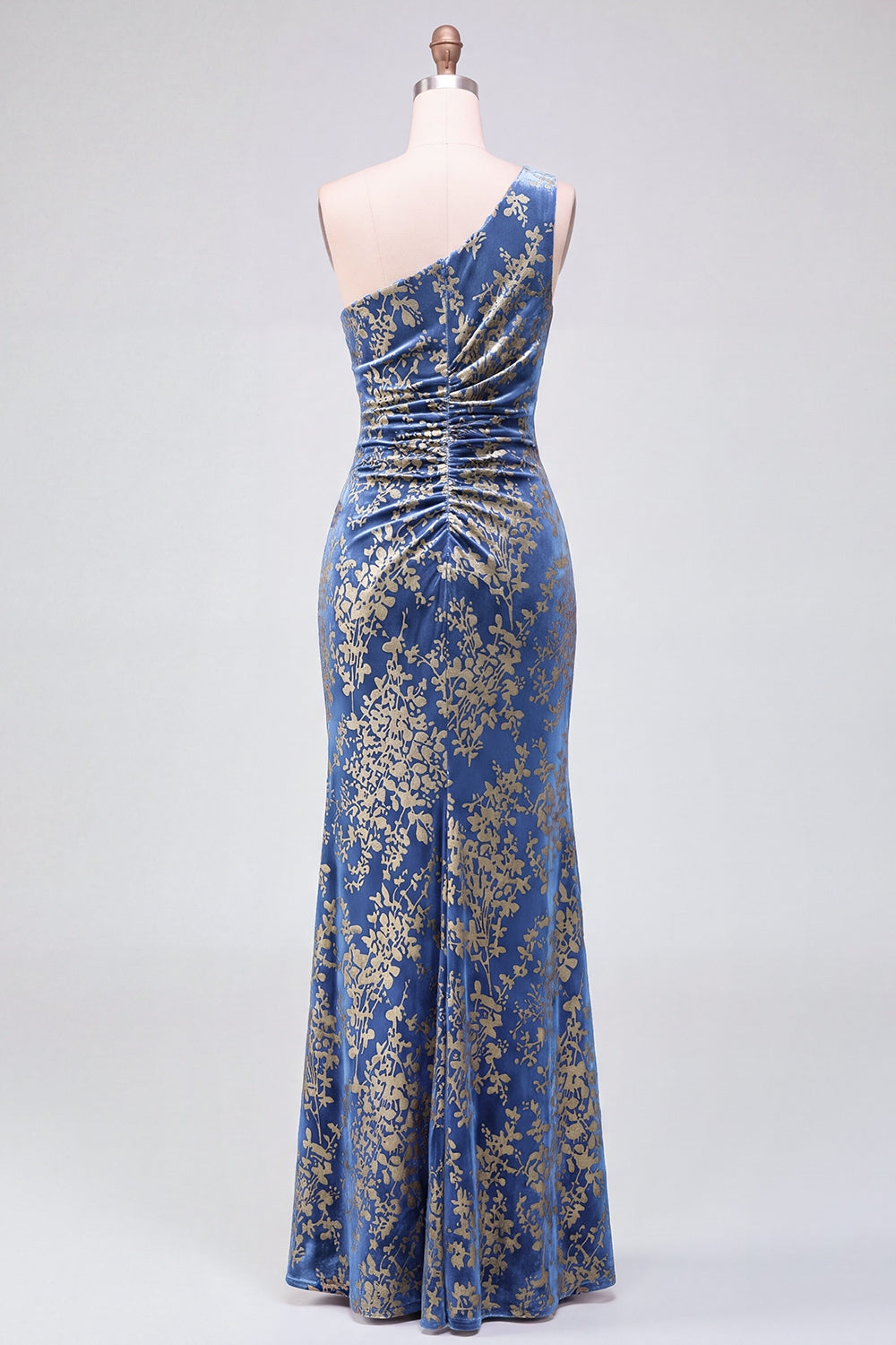 One Shoulder Espresso Ruched Floral Velvet Long Holiday Party Dress with Slit