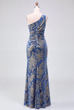 One Shoulder Espresso Ruched Floral Velvet Long Holiday Party Dress with Slit