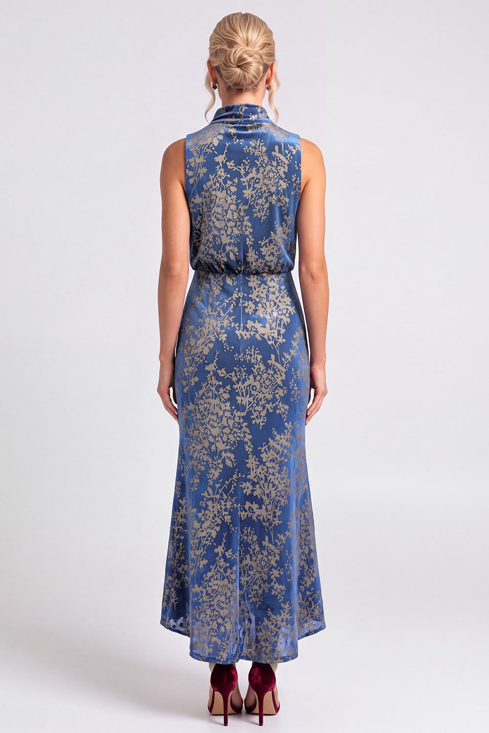 Dark Blue Floral Velvet Mermaid High Neck High-Low Holiday Party Dress