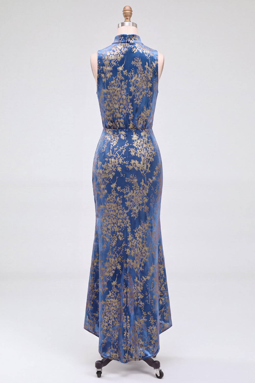 Dark Blue Floral Velvet Mermaid High Neck High-Low Holiday Party Dress