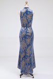 Dark Blue Floral Velvet Mermaid High Neck High-Low Holiday Party Dress