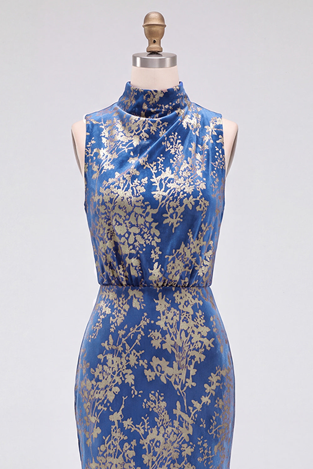 Dark Blue Floral Velvet Mermaid High Neck High-Low Holiday Party Dress