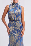 Dark Blue Floral Velvet Mermaid High Neck High-Low Holiday Party Dress