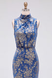 Dark Blue Floral Velvet Mermaid High Neck High-Low Holiday Party Dress