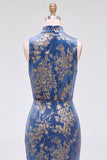 Dark Blue Floral Velvet Mermaid High Neck High-Low Holiday Party Dress