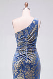 One Shoulder Espresso Ruched Floral Velvet Long Holiday Party Dress with Slit