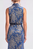 Dark Blue Floral Velvet Mermaid High Neck High-Low Holiday Party Dress
