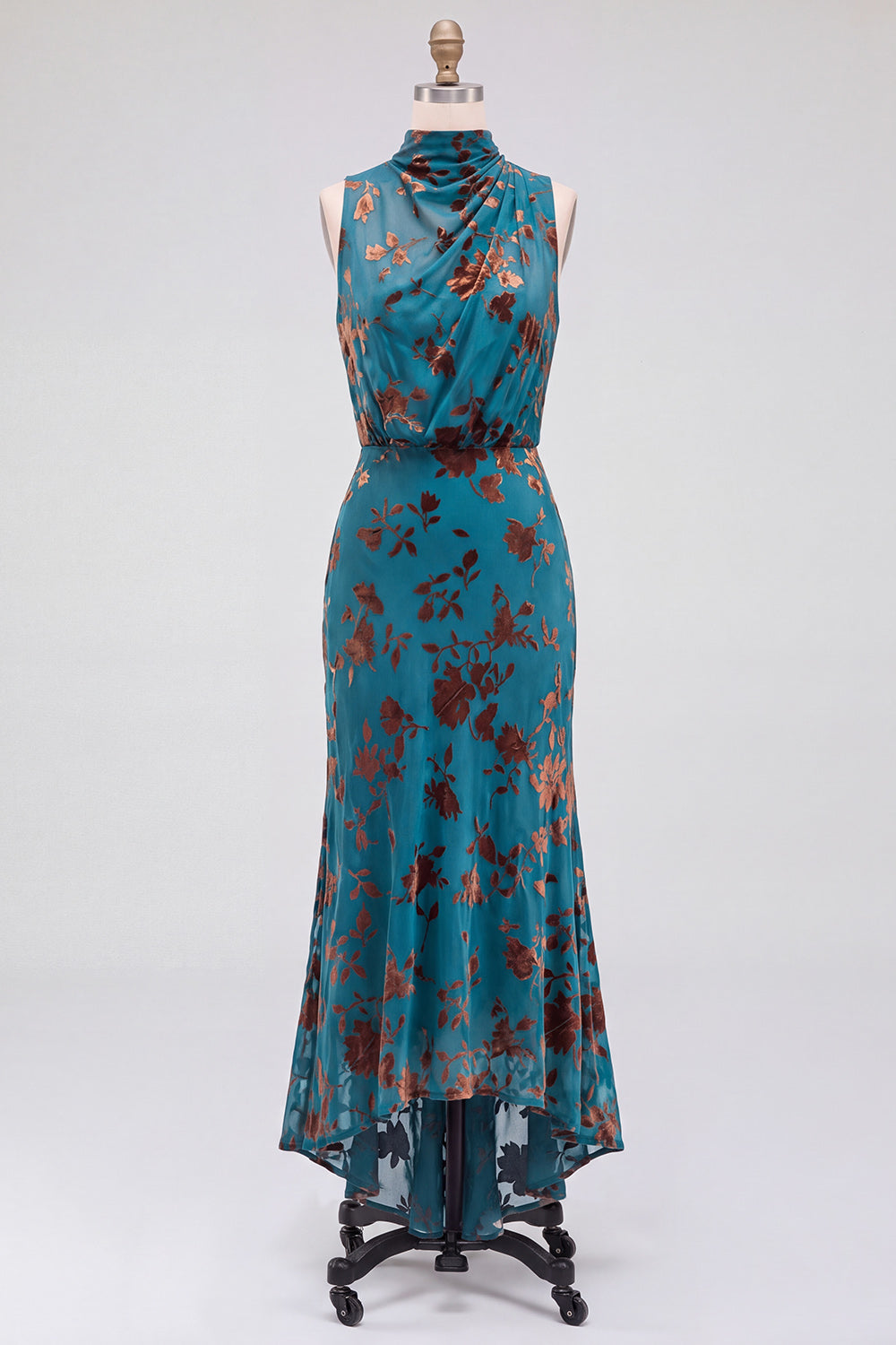 Dark Blue Floral Velvet Mermaid High Neck High-Low Holiday Party Dress