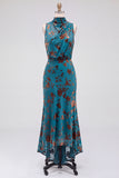 Dark Blue Floral Velvet Mermaid High Neck High-Low Holiday Party Dress