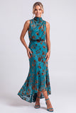 Dark Blue Floral Velvet Mermaid High Neck High-Low Holiday Party Dress