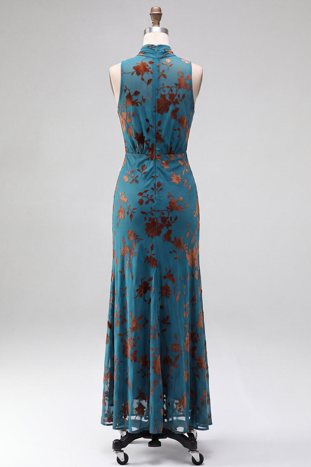 Dark Blue Floral Velvet Mermaid High Neck High-Low Holiday Party Dress
