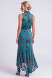 Dark Blue Floral Velvet Mermaid High Neck High-Low Holiday Party Dress
