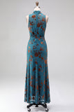 Dark Blue Floral Velvet Mermaid High Neck High-Low Holiday Party Dress