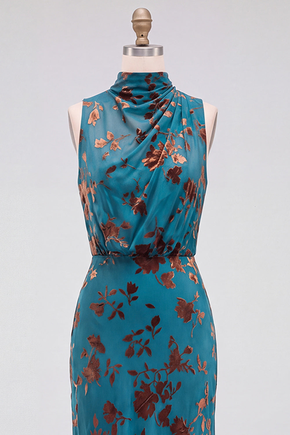 Dark Blue Floral Velvet Mermaid High Neck High-Low Holiday Party Dress