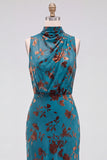 Dark Blue Floral Velvet Mermaid High Neck High-Low Holiday Party Dress