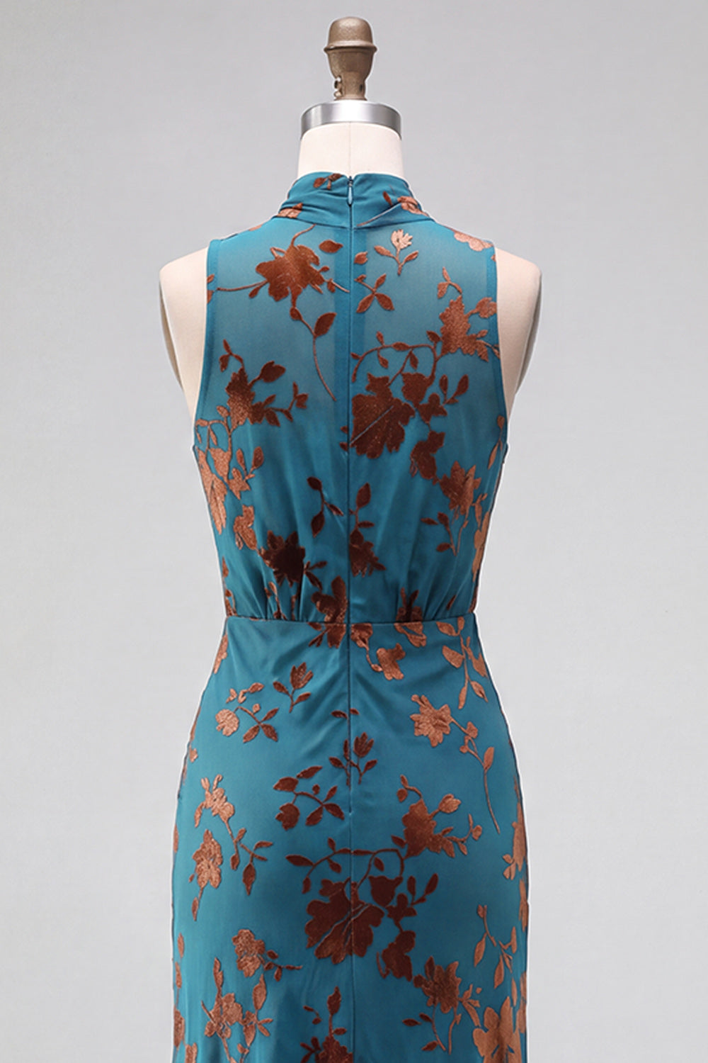 Dark Blue Floral Velvet Mermaid High Neck High-Low Holiday Party Dress