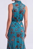 Dark Blue Floral Velvet Mermaid High Neck High-Low Holiday Party Dress