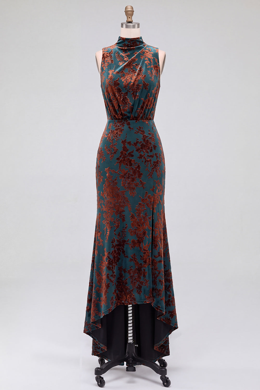 Dark Blue Floral Velvet Mermaid High Neck High-Low Holiday Party Dress