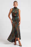 Dark Blue Floral Velvet Mermaid High Neck High-Low Holiday Party Dress