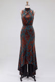 Dark Blue Floral Velvet Mermaid High Neck High-Low Holiday Party Dress