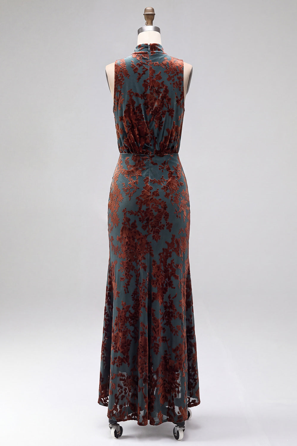 Dark Blue Floral Velvet Mermaid High Neck High-Low Holiday Party Dress