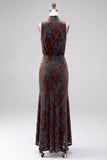 Dark Blue Floral Velvet Mermaid High Neck High-Low Holiday Party Dress
