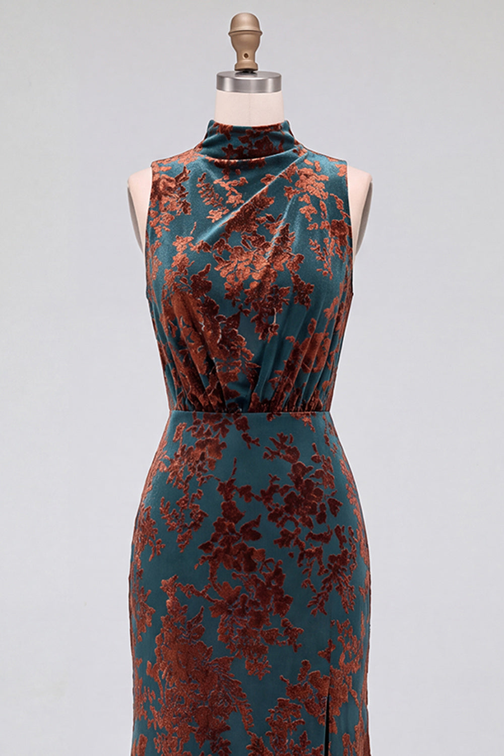 Dark Blue Floral Velvet Mermaid High Neck High-Low Holiday Party Dress