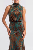 Dark Blue Floral Velvet Mermaid High Neck High-Low Holiday Party Dress