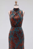Dark Blue Floral Velvet Mermaid High Neck High-Low Holiday Party Dress