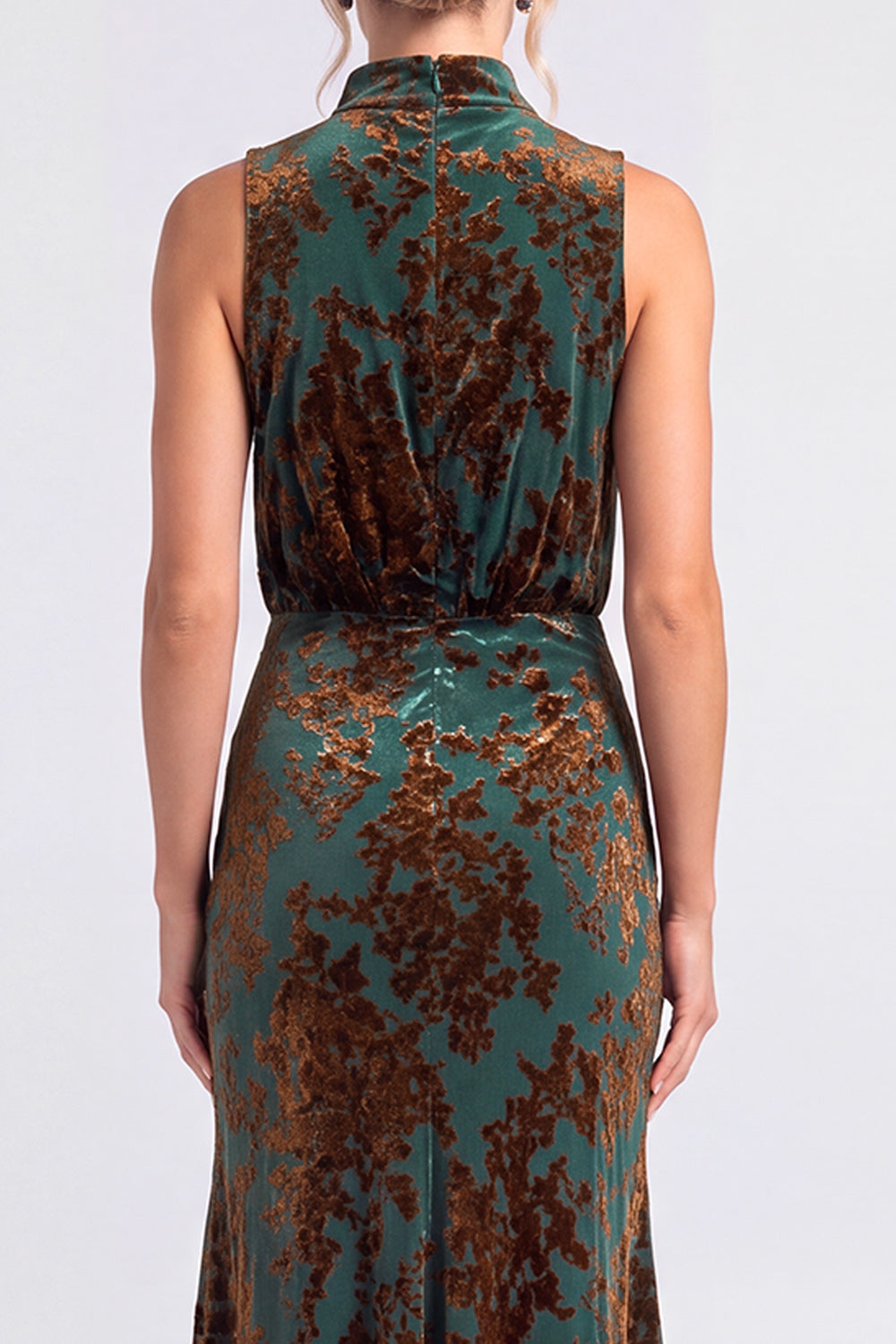 Dark Blue Floral Velvet Mermaid High Neck High-Low Holiday Party Dress